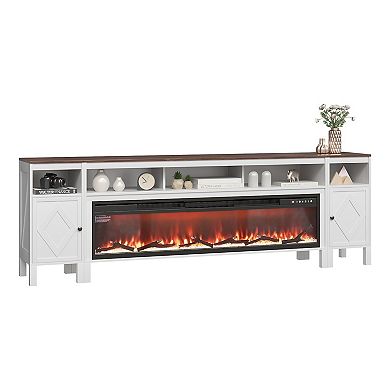 Farmhouse 100" TV Console with 60" Electric Fireplace and Media Storage Cabinets White