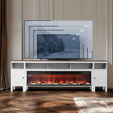 Farmhouse 100" TV Console with 60" Electric Fireplace and Media Storage Cabinets White