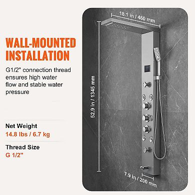 6-in-1 Wall-Mount Shower Panel with Rainfall, Waterfall, Massage Jets, and Handheld