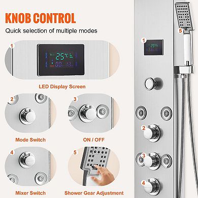 6-in-1 Wall-Mount Shower Panel with Rainfall, Waterfall, Massage Jets, and Handheld