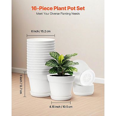 White Plastic Plant Pots with Drainage Holes and Matching Saucers
