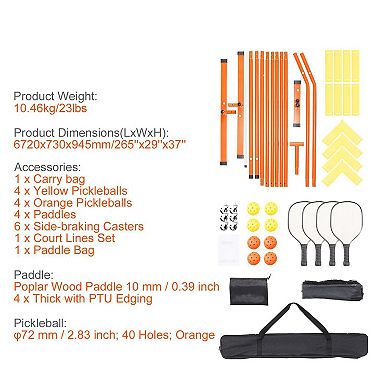 22 FT Portable Pickleball Court Set with 4 Paddles, Balls, and Lockable Casters