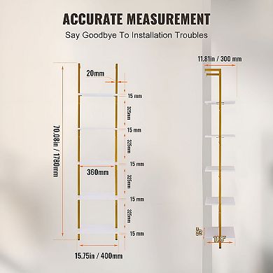 5-Tier Wall Mounted Pipe Shelving Unit in Gold and White for Kitchen or Living Room Storage