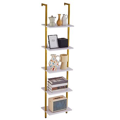 5-Tier Wall Mounted Pipe Shelving Unit in Gold and White for Kitchen or Living Room Storage