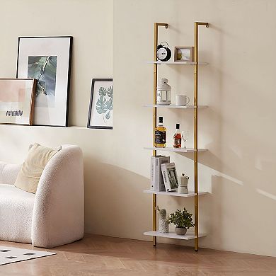 5-Tier Wall Mounted Pipe Shelving Unit in Gold and White for Kitchen or Living Room Storage