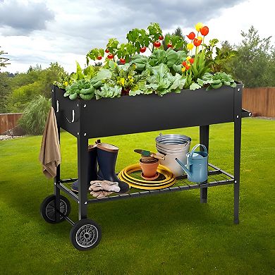 Rolling Raised Planter Bed Steel Garden Box with Drainage for Decks and Patios