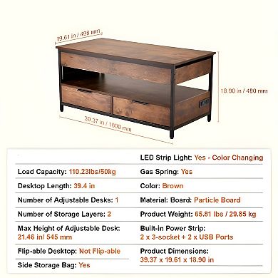 Adjustable Lift-Top Coffee Table with Storage Compartment and Shelves
