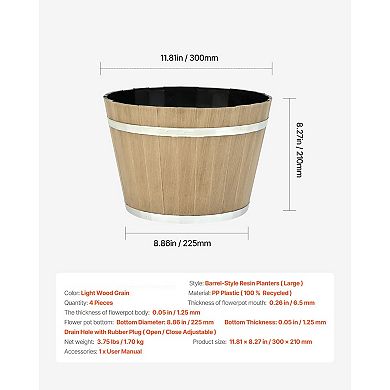 4-Pack Wood-Grain Plastic Planters 11.8" for Flowers, Herbs, and Patio Plants