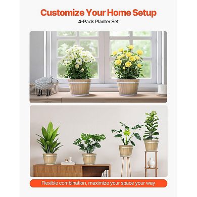 4-Pack Wood-Grain Plastic Planters 11.8" for Flowers, Herbs, and Patio Plants