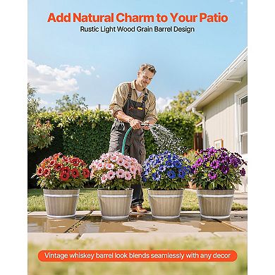 4-Pack Wood-Grain Plastic Planters 11.8" for Flowers, Herbs, and Patio Plants