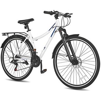 Adult 21-Speed Hybrid Bike with 700x35C Tires, Front Disc Brake, and Rear Rack White & Black