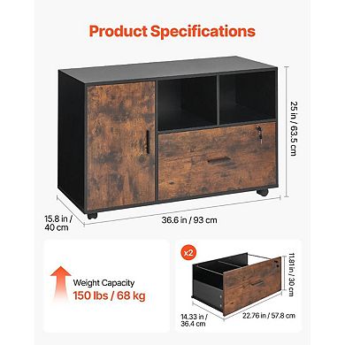 Office Storage Cabinet on Wheels with Adjustable Shelves and Lockable Drawer
