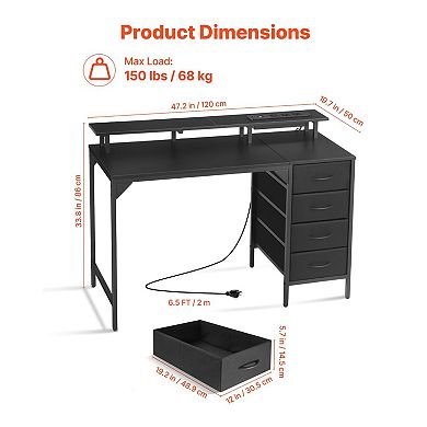 RGB Computer Desk 47" with Power Strip, Drawers, and Monitor Stand