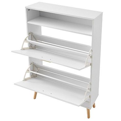 White Flip-Front Shoe Cabinet 2-Drawer Slim Entryway Storage with Wood Legs