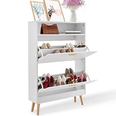 White Flip-Front Shoe Cabinet 2-Drawer Slim Entryway Storage with Wood Legs