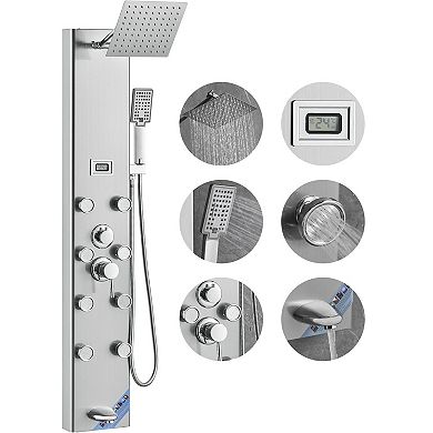 Wall-Mounted 5-Mode Shower Panel with Adjustable Jets, Bathtub Spout, and Handheld
