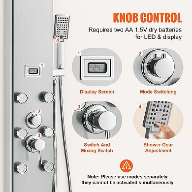 Wall-Mounted 5-Mode Shower Panel with Adjustable Jets, Bathtub Spout, and Handheld