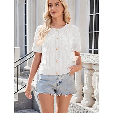 Womens Cable Knit Summer Sweater Casual Short Sleeve Button Down Cardigans Basic Crew Neck Tops
