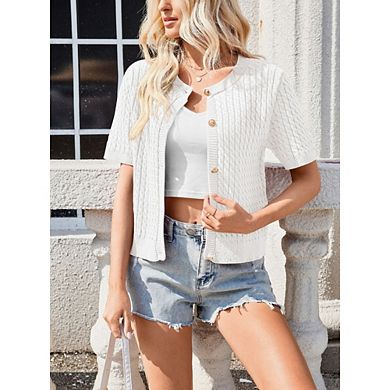 Womens Cable Knit Summer Sweater Casual Short Sleeve Button Down Cardigans Basic Crew Neck Tops