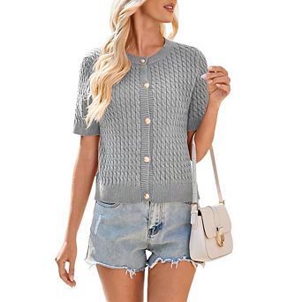 Womens Cable Knit Summer Sweater Casual Short Sleeve Button Down Cardigans Basic Crew Neck Tops