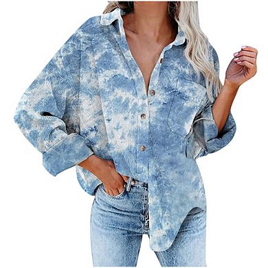 Womens Button Down Shirts Casual Long Sleeve Tie Dye Corduroy Jacket Shacket Blouses Fall Tops