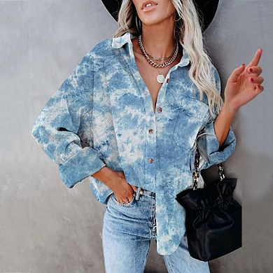 Womens Button Down Shirts Casual Long Sleeve Tie Dye Corduroy Jacket Shacket Blouses Fall Tops