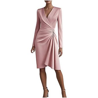 Womens V-Neck Ruch Bodycon Elegant Cocktail Party Wedding Midi Dress Work Office Wrap Dressy Dress