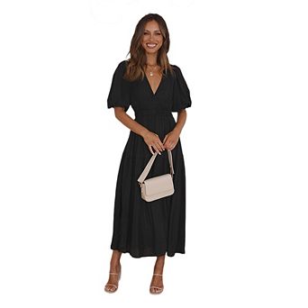 Womens Short Sleeve Dress V Neck Elastic Waist Formal Wedding Guest Evening Party Midi Summer Dress