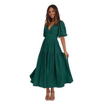 Womens Short Sleeve Dress V Neck Elastic Waist Formal Wedding Guest Evening Party Midi Summer Dress