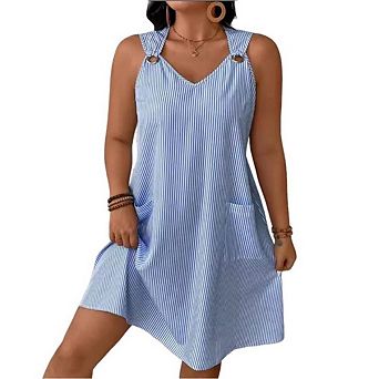 Womens Sleeveless Dresses Casual V Neck Sundresses Striped Printed Short Dress with Pocket