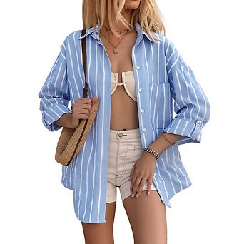 Womens Striped Button Down Shirt Casual Long Sleeve Blouse Top Causal Business Work Blouses