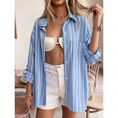 Womens Striped Button Down Shirt Casual Long Sleeve Blouse Top Causal Business Work Blouses