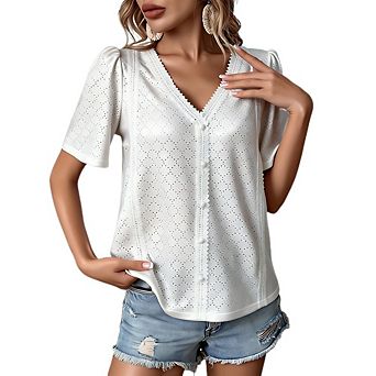 Womens Short Sleeve Shirts V Neck Hollow Out Breathable Tshirts Tops Summer Business Casual Blouses