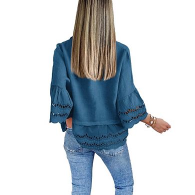 Womens 3/4 Sleeve Blouse Elegant Eyelet Button Down Shirts Layered Ruffles Blouse Summer Beach