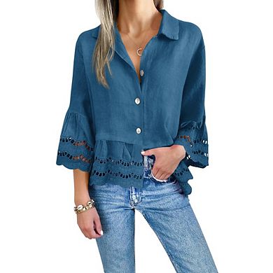 Womens 3/4 Sleeve Blouse Elegant Eyelet Button Down Shirts Layered Ruffles Blouse Summer Beach