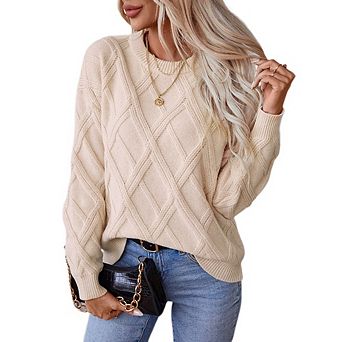 Womens Cable Knit Sweaters Crewneck Sweater Long Sleeve Fall Wintern Tops