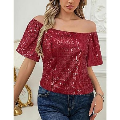 Womens Sequin Sparkly Tops Square Collar Glitter Short Sleeve Tops Slimming Sparkle Party Club Tee
