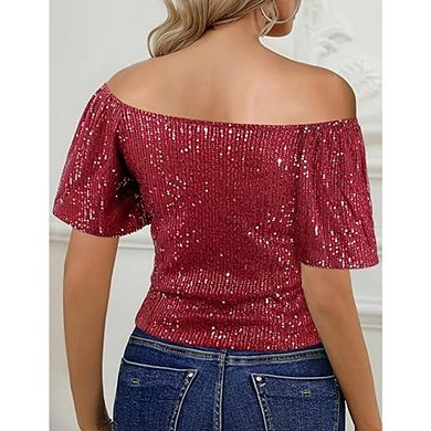Womens Sequin Sparkly Tops Square Collar Glitter Short Sleeve Tops Slimming Sparkle Party Club Tee