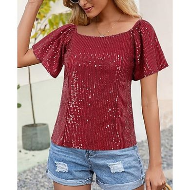 Womens Sequin Sparkly Tops Square Collar Glitter Short Sleeve Tops Slimming Sparkle Party Club Tee