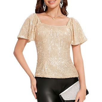 Womens Sequin Sparkly Tops Square Collar Glitter Short Sleeve Tops Slimming Sparkle Party Club Tee