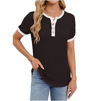 Womens Tops Short Sleeve Henley Shirts Summer V Neck Color Block Tunic T Shirts Casual Blouses