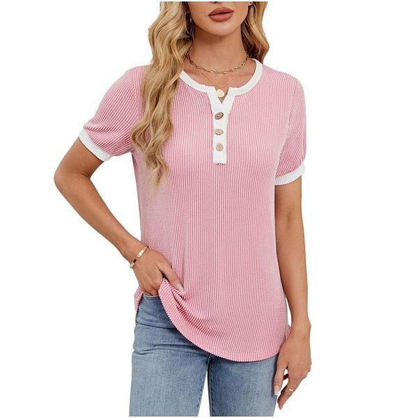 Womens Tops Short Sleeve Henley Shirts Summer V Neck Color Block Tunic ...