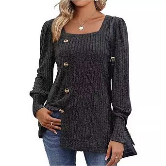 Womens Tops Soft Square Neck Long Lantern Sleeve Deco Buttons Side Slit Sweater