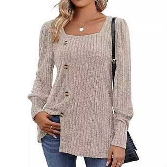 Womens Tops Soft Square Neck Long Lantern Sleeve Deco Buttons Side Slit Sweater