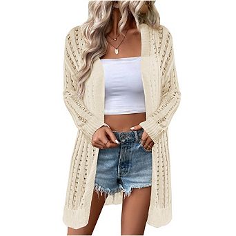 Womens Crochet Lightweight Cardigans Long Sleeve Open Front Boho Summer Cardigan Sweater Cover Up