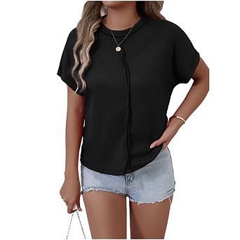 Women's Waffle Crewneck Short Sleeve Tops Fashion Loose Breathable T-Shirt Trendy Tees