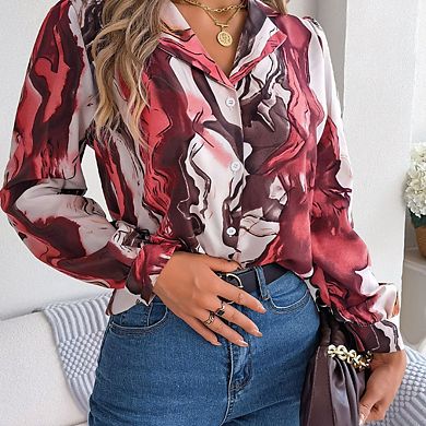 Womens Button Down Shirt Long Sleeve Floral Printed Blouse Business Casual Work Tops
