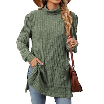 Womens Tunic Tops Turtleneck Long Sleeve Shirts Oversized Fall Blouse Side Split High Low Hemline