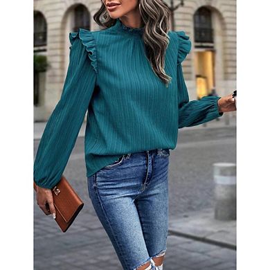Womens Ruffle Long Sleeve Blouse Elegant Semi-Mock Neck Shirt CausakWork Office Knit Pullover Tops