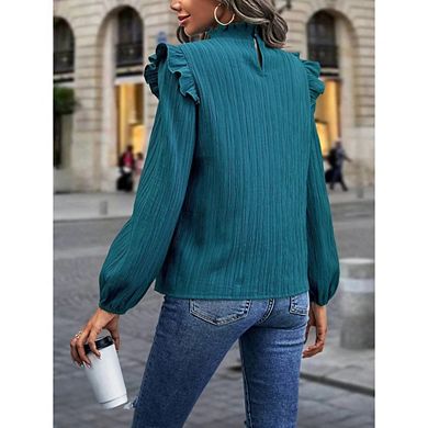 Womens Ruffle Long Sleeve Blouse Elegant Semi-Mock Neck Shirt CausakWork Office Knit Pullover Tops